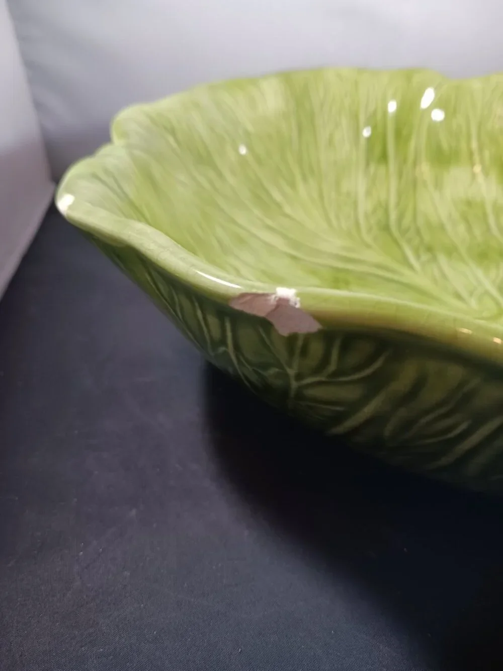 Vintage 70's Green Cabbage Leaf Serving Bowl Handmade Signed